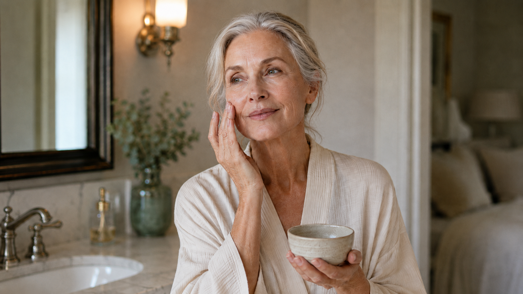 Mature woman holding a small bowl during a calm at-home skincare ritual near a vanity