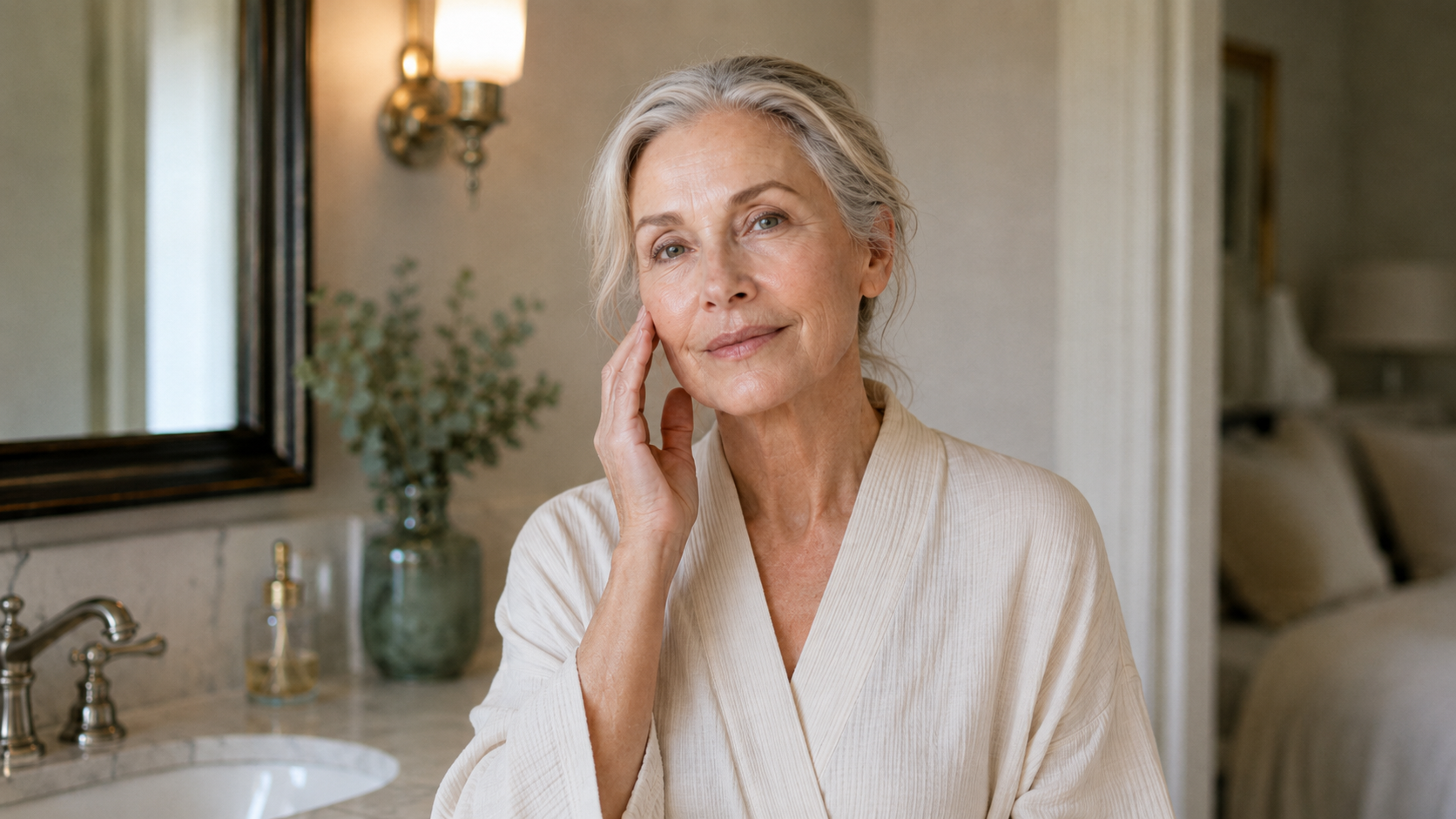 Mature woman in her mid-sixties at a sunlit bathroom vanity, looking calm and natural